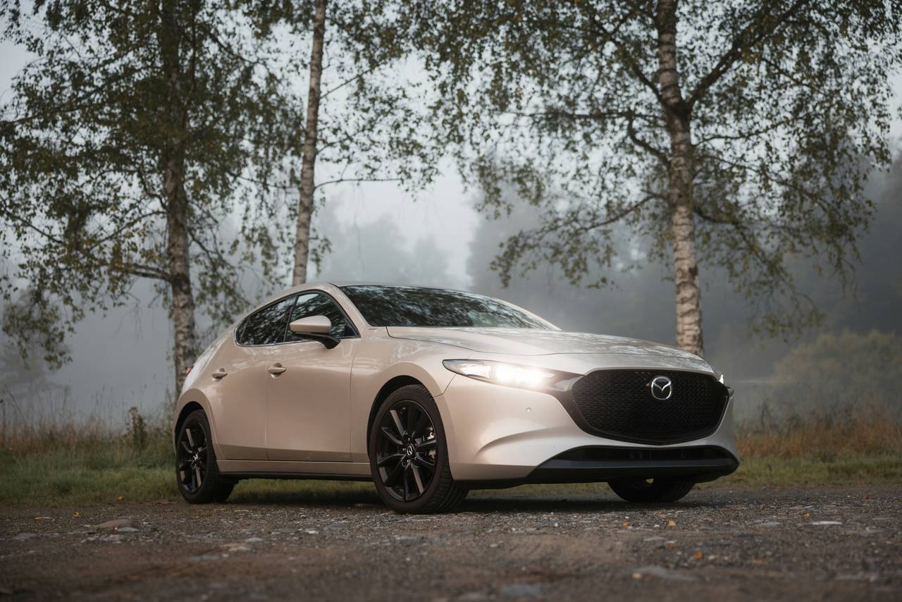 Beiger Mazda 3, schräg von vorne, auf einem Kiesweg zwischen Birken im Nebel